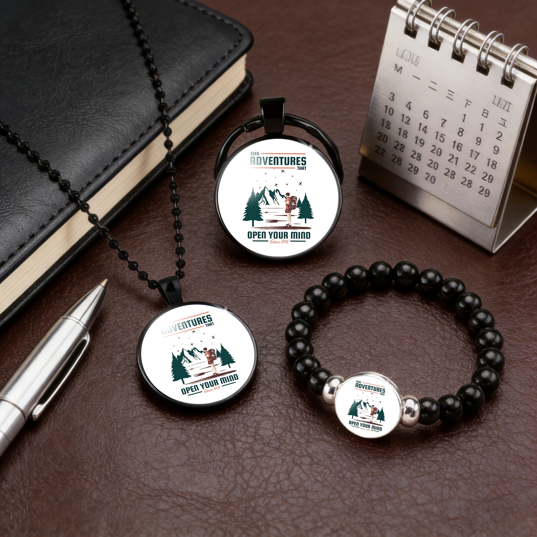 3pc Round Glass Patterned Necklace, Bracelet & Keychain Set